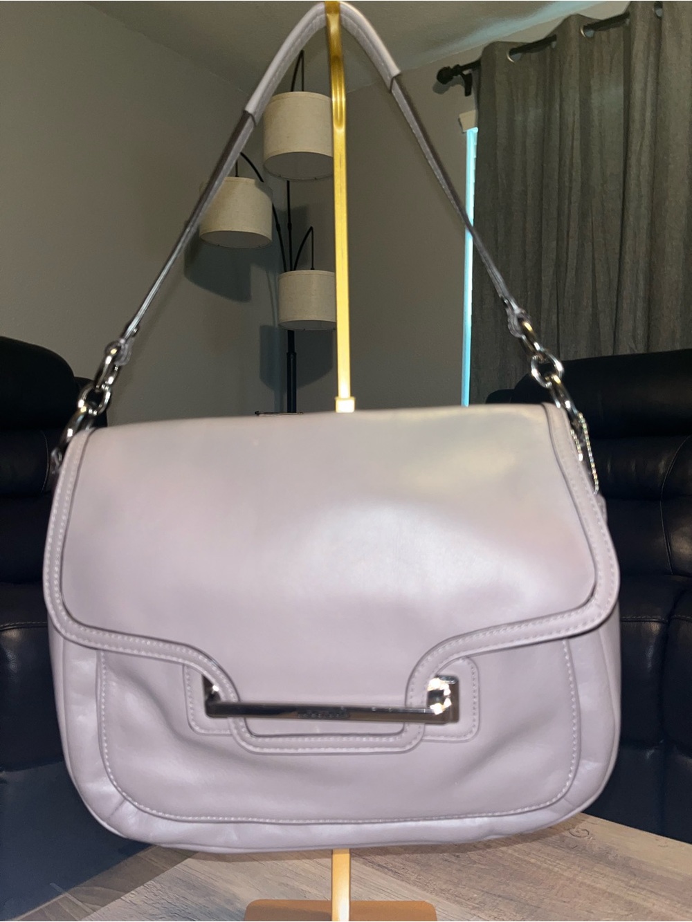 Coach Lavender Gray Leather Shoulder Bag with Silver-Tone Hardware